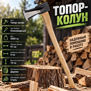 Топор колун 3000гр с деревянной рукояткой, клиновидный боек, 1/10