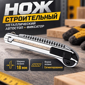 Нож строительный 18мм металлический, автостоп+фиксатор, 6/80/240