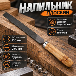 Напильник плоский 150 мм, деревянная ручка, 1/24/240