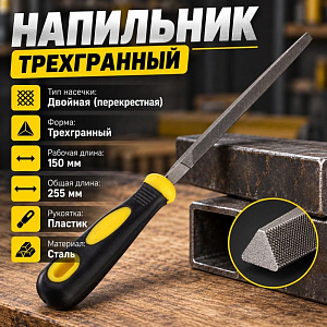 Напильник трехгранный 150мм, пластиковая ручка, 1/12/120