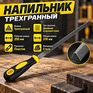 Напильник трехгранный 200мм, пластиковая ручка, 1/12/120