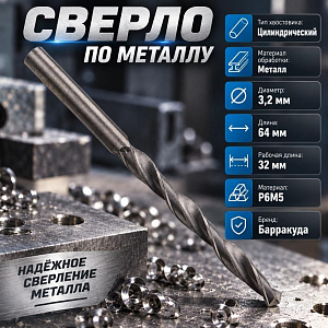 Сверло по металлу 3,2мм Барракуда Р6М5, 10/2000