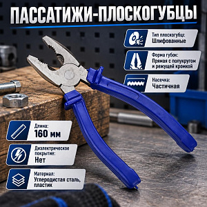 Пассатижи 160мм, шлифованные, пластмассовые рукоятки/, плоскогубцы, 2/6/60
