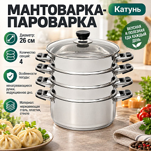 Мантоварка-пароварка 26см 4 секции КАТУНЬ КАТУНЬ ТРС индукц. дно, Россия, 1/2